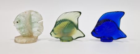 Two Lalique frosted glass fish models, in green opaline and deep blue, each signed and with their