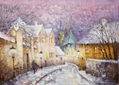 Russian School (20th century) Oil on canvas Winter street scene at night, indistinctly signed