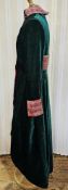 Beatrice Von Treskow bottle green velvet full-length coat, with maroon silk half-belt, matching