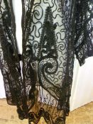 Late Victorian evening coat/over dress,  black net with embroidered ribbon detail all over, full