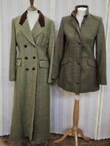 Cousins of Cheltenham tweed maxi coat, brown velvet trim to the collar, brown velvet buttons,