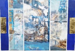 Maxine Relton (20th century) Mixed media "Gilded Blue" abstract triptych, signed and titled in