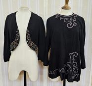 1930's black crepe tunic top with black satin appliqued pattern, embroidered around the edges and