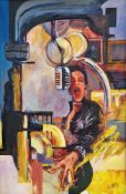 Andrew Curtis Oil on canvas Study of a singer in recording studio, signed lower right, 74cm x 49cm