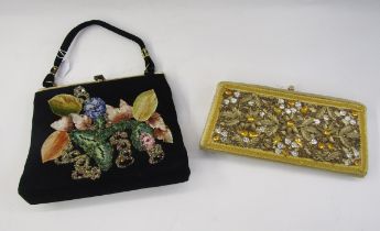 Caron, Houston, Texas gilt metal, sequinned and beaded clutch bag, and a Caron black felt handbag