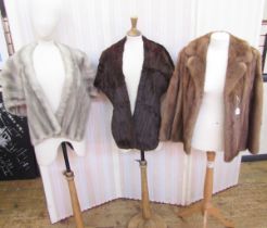 Short pale mink jacket, a squirrel stole labelled 'Karter' and a grey mink stole labelled 'John