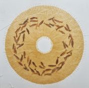 Carole Bury  “Fossil Fish Ring”, trapped fossil fish between layers of tissue paper, stitched and
