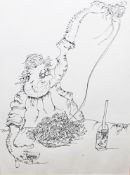 Simon Key (20th century) Pen on paper Cartoon of a man eating pasta, signed and dated '97 lower