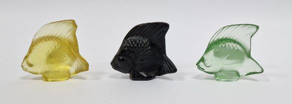 Three Lalique frosted glass fish models, in black, yellow and green, each signed and with their