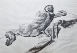 Charcoal and wash drawing  Study of a female nude reclining, en grisaille, signed, 45cm x 65cm