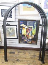 Three black painted metal arched rails, with wall fixings, 184 cm at highest point, 130 wide. wall