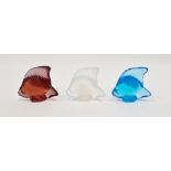 Three Lalique frosted glass fish models, in opal, red and pale blue, each signed and with their