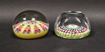 Whitefriars faceted glass paperweight with concentric millefiori rings, together with a further