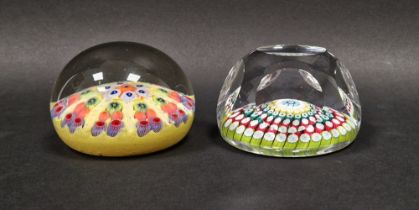 Whitefriars faceted glass paperweight with concentric millefiori rings, together with a further