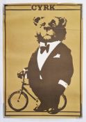 Two vintage Polish Circus 'Cyrk' advertising posters: Bear in tuxedo with a bicycle, circa 1974,