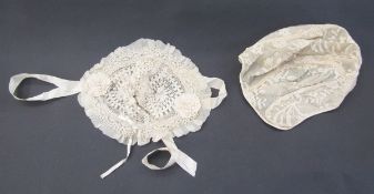 Two long floral net decorated scarves, floral net border, net short bodice with lace cuffs to the