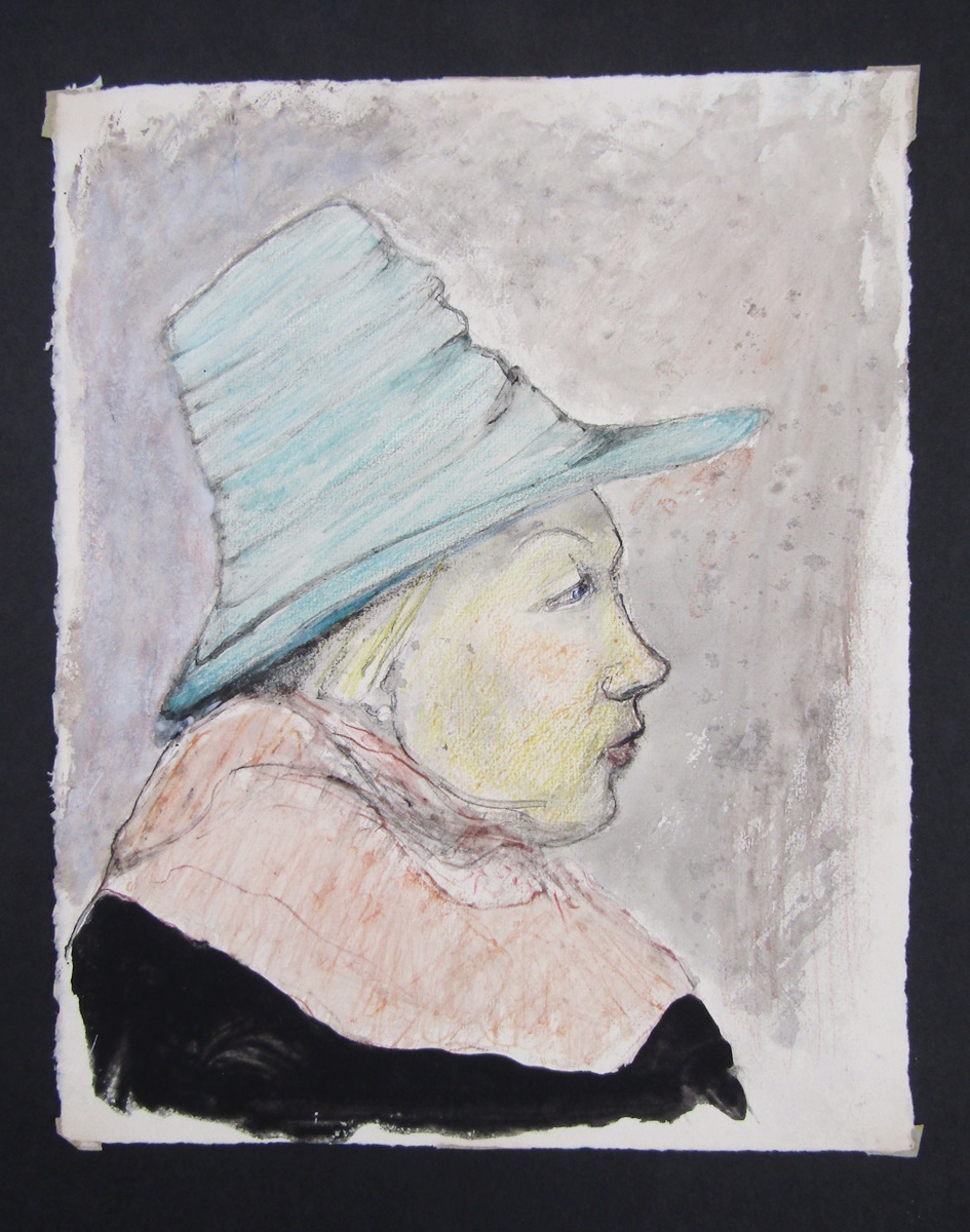 Leslie Duxbury ARCA (1921-2001)  Watercolour and ink  "The Green Hat", head and shoulders of lady