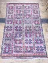 Turkish wool rug, four rows of geometric star designs in black, pink, cream and grey, 230cm x