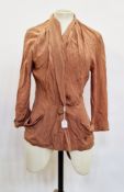 A 1940's brown crepe jacket, single button fastening, a 1940's beige wool coat, fabric buttons, full