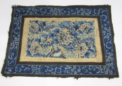 Chinese embroidered silk panel, peonies, butterflies and moths, all in shades in blue on a cream