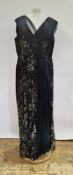 Various 1950's black evening dresses to include a black devore chiffon evening dress with chiffon