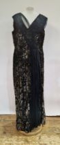 Various 1950's black evening dresses to include a black devore chiffon evening dress with chiffon