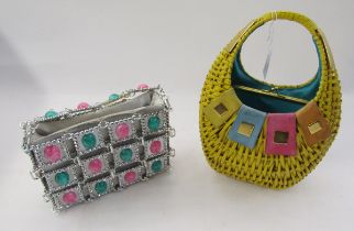 1950's Koret yellow wicker egg-shaped bag fitted integral purse and turquoise lined interior, having