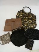 Various vintage bags to include a rhinestone chain and silver coloured metal evening bag, with chain