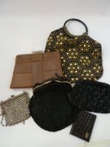 Various vintage bags to include a rhinestone chain and silver coloured metal evening bag, with chain