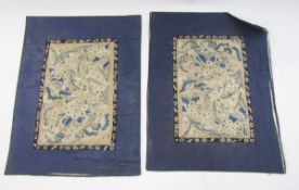 Pair Oriental embroidered panels, floral and butterfly panels in shades of blue and cream on a beige