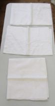 Damask tablecloth, damask and linen napkins, and other linens