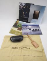 Louis Vuitton leather luggage label, sunglasses case, small personal organiser, suede lined jewel
