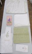 Quantity damask tablecloths, napkins, embroidered and other table linens (1 large box)