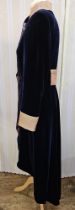 Midnight blue velvet full-length Beatrice Von Treskow coat, with pink satin embroidered half-belt,