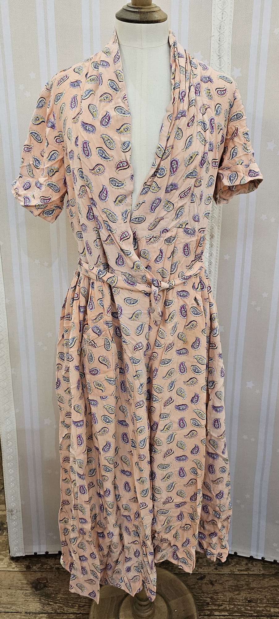 1940's wrap day dress or house coat, paisley pattern on a pink ground, a Liberty print cotton