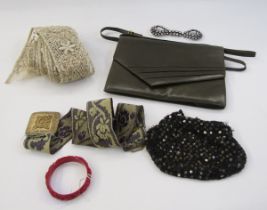 Rayne green leather clutch bag with strap, a length of cream lace, embroidered belts and other items