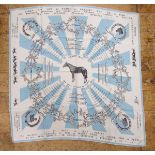 French blue and cream printed silk scarf commemorating the Jockey Club and various races and horses,