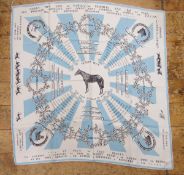 French blue and cream printed silk scarf commemorating the Jockey Club and various races and horses,