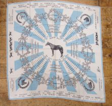 French blue and cream printed silk scarf commemorating the Jockey Club and various races and horses,