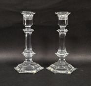 A pair of boxed Baccarat glass candlesticks, acid etched stamp to base, 20cm high Condition Report