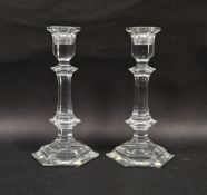 A pair of boxed Baccarat glass candlesticks, acid etched stamp to base, 20cm high Condition Report