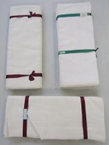 Three pairs of Irish linen sheets, each pair folded within ribbon, one pair no.2796 size 72/108