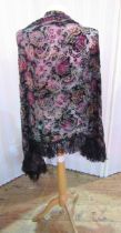 1920's/30's black silk and devore velvet evening shawl, tasselled, floral decorated and a black