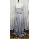 1970's grey chiffon full length evening gown, pleated skirt, the bodice with spaghetti straps,