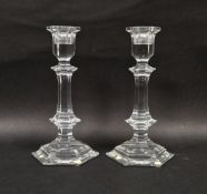 A pair of boxed Baccarat glass candlesticks, acid etched stamp to base, 20cm high