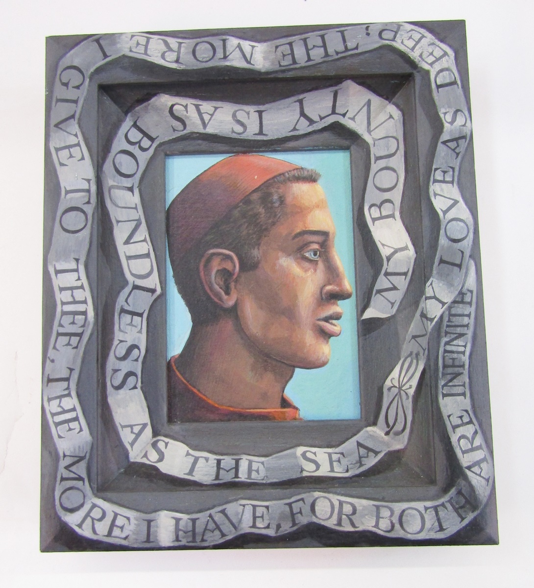 PJ Crook (b.1945) Acrylic on panel Study of Renaissance male head and having motto, 30cm x 25cm