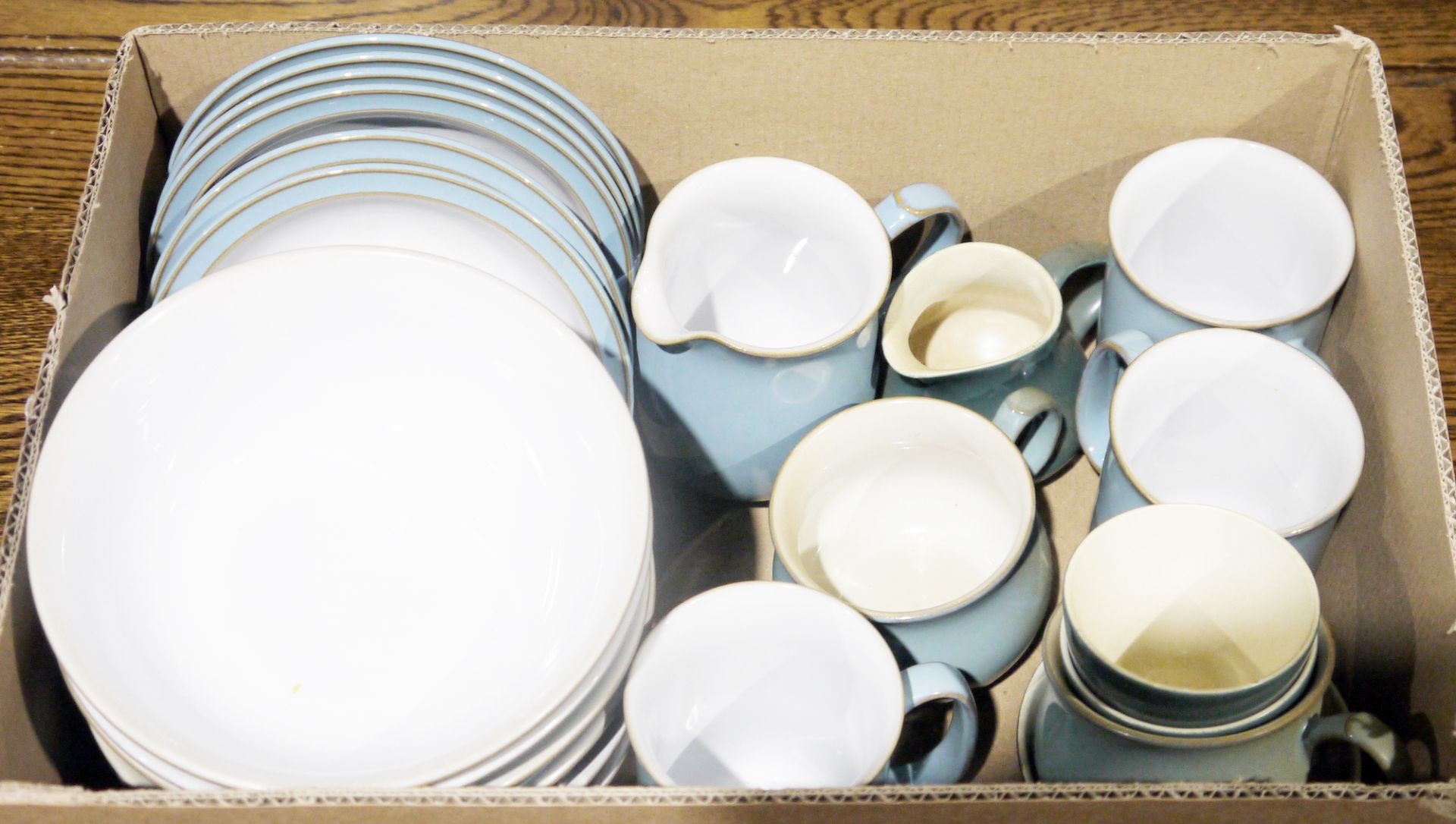 Denby blue glazed part tea and dinner service to include teacups, saucers, side plates, two lidded - Image 2 of 3