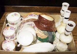 Royal Chelsea floral decorated part tea service, three alabaster lamps, a Royal Doulton 'Uncle Tom