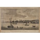 18th century engraving "View of Greenwich from Deptford", framed and glazed, together with two