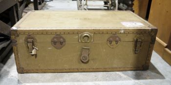 Vintage trunk, metal bound with canvas, Union Castle label and the initials 'MEAD' stamped on front,